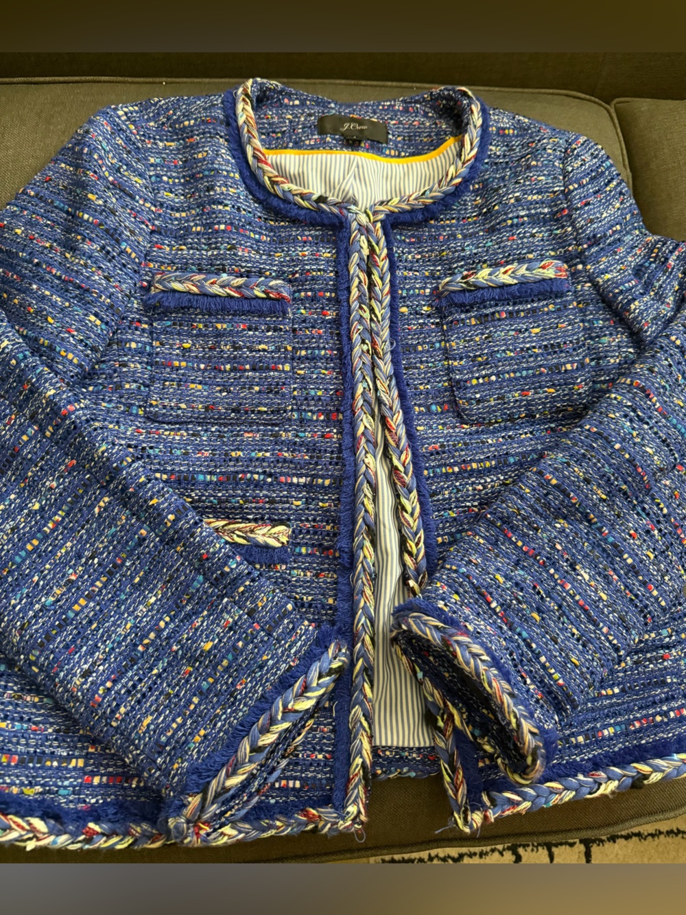 J. Crew Blue Tweed Multicolor thread Collarless Blazer Jacket - Picture 3 of 8